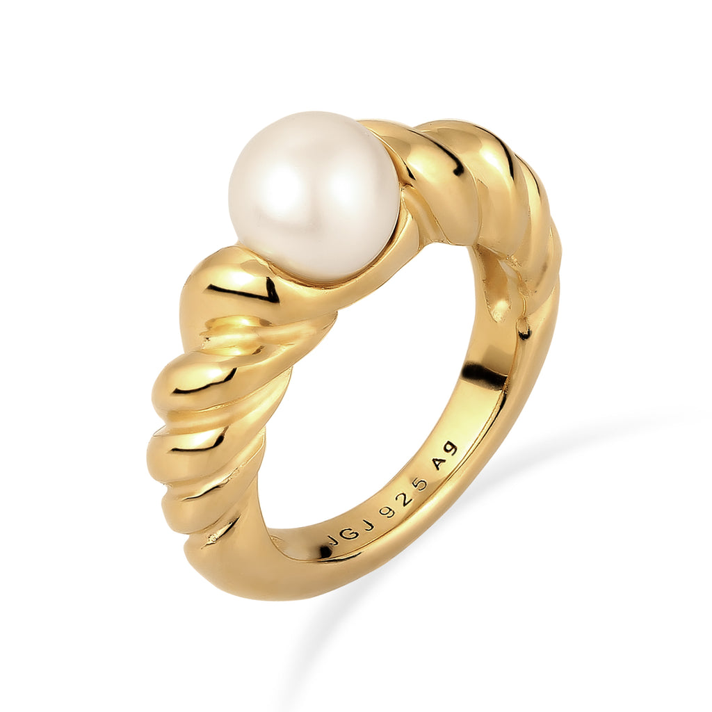 Gold Cincin Perhiasan Perak 925 Wanita Elegant White Synthetic Pearl Gold Plated