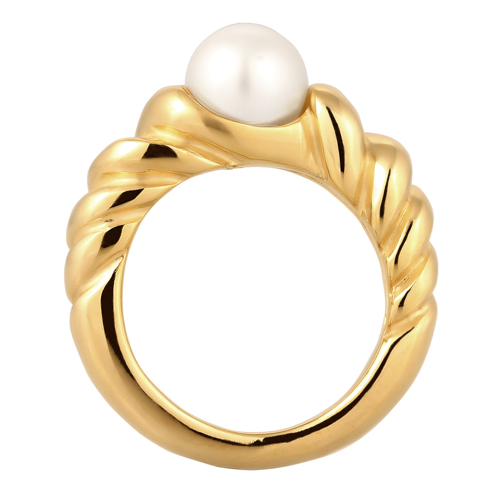 Gold Cincin Perhiasan Perak 925 Wanita Elegant White Synthetic Pearl Gold Plated