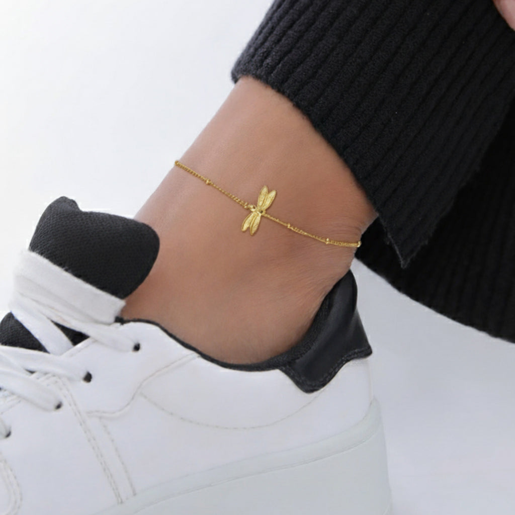 Gold Gelang Kaki Perhiasan Perak 925 Wanita Dragonfly Ballchain Gold Pated