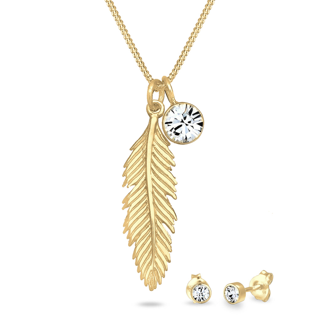 Gold Set Perhiasan Perak 925 Wanita Feather Crystals Gold Plated