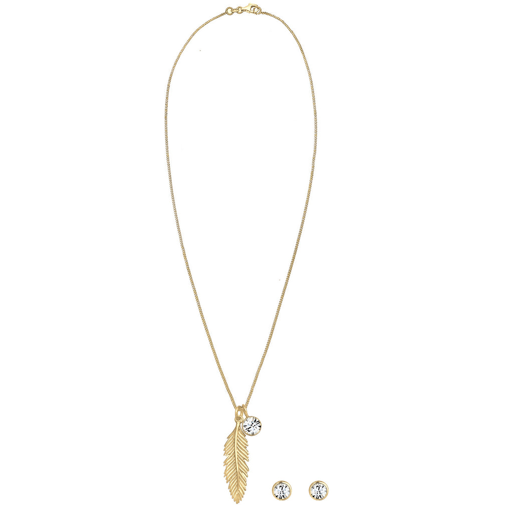 Gold Set Perhiasan Perak 925 Wanita Feather Crystals Gold Plated