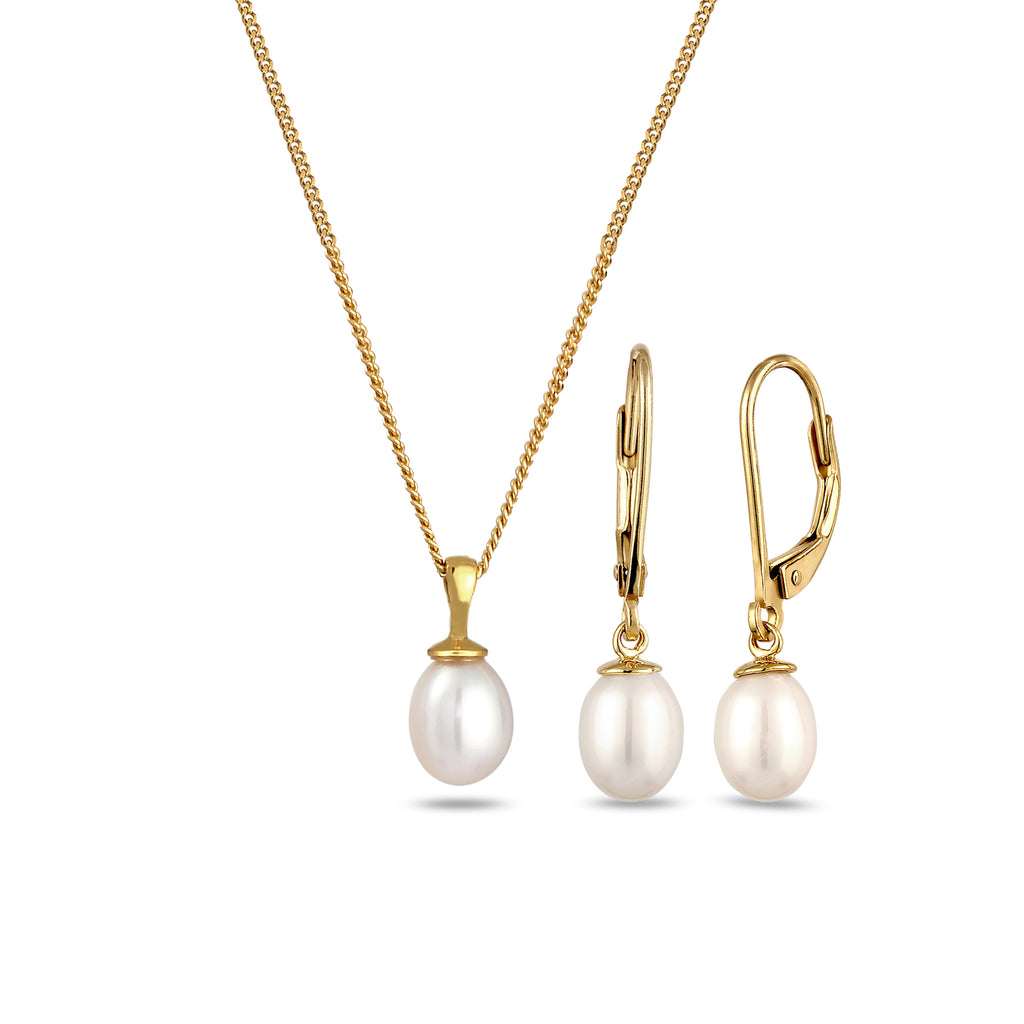Gold Set Perhiasan Perak 925 Wanita Elegant Freshwater Pearls Drop Gold Plated