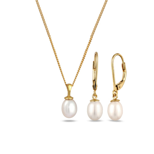 Gold Set Perhiasan Perak 925 Wanita Elegant Freshwater Pearls Drop Gold Plated
