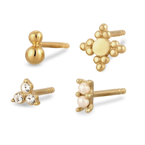 Gold Anting Set Perhiasan Perak 925 Wanita Stud Snowflake Pearl Gold Plated