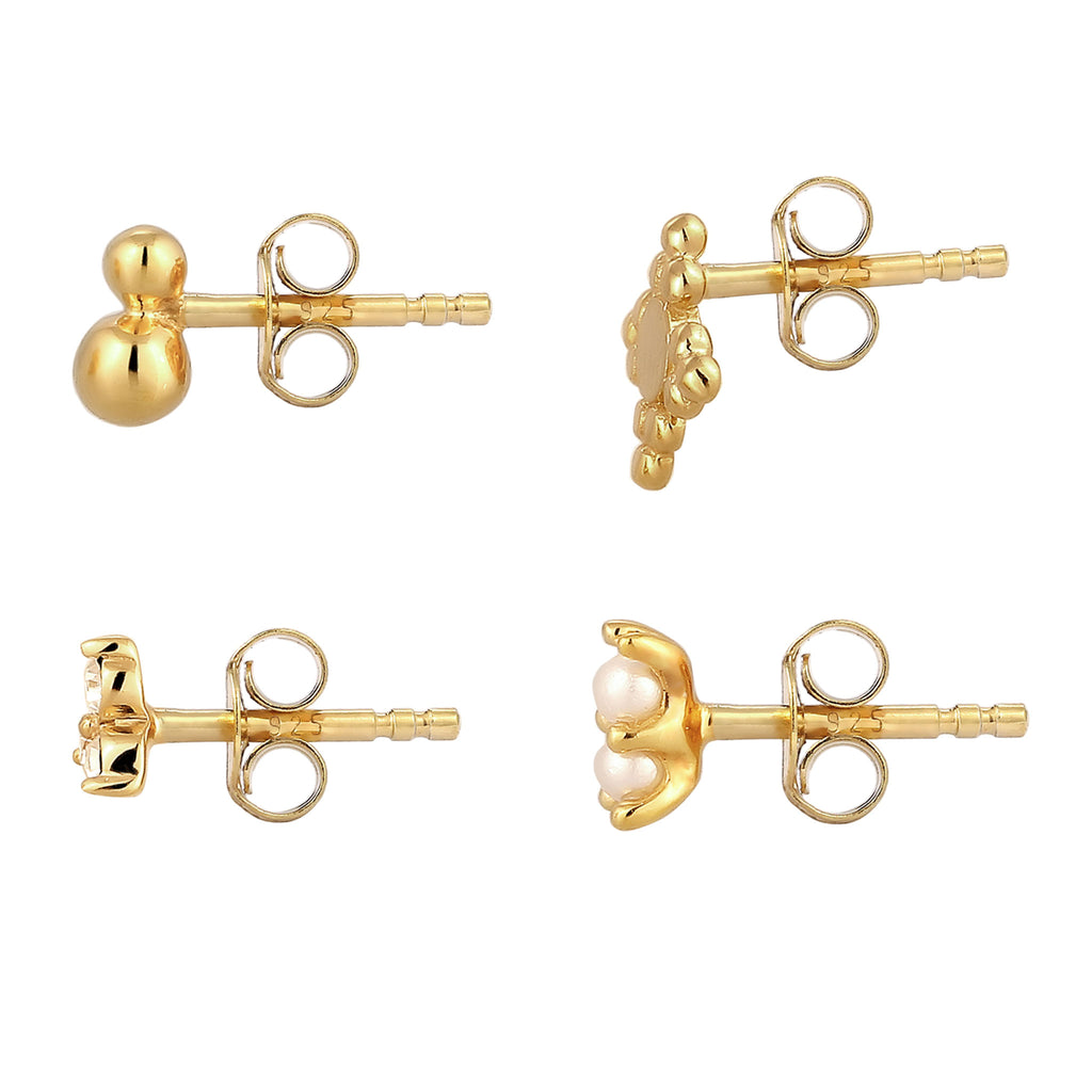 Gold Anting Set Perhiasan Perak 925 Wanita Stud Snowflake Pearl Gold Plated