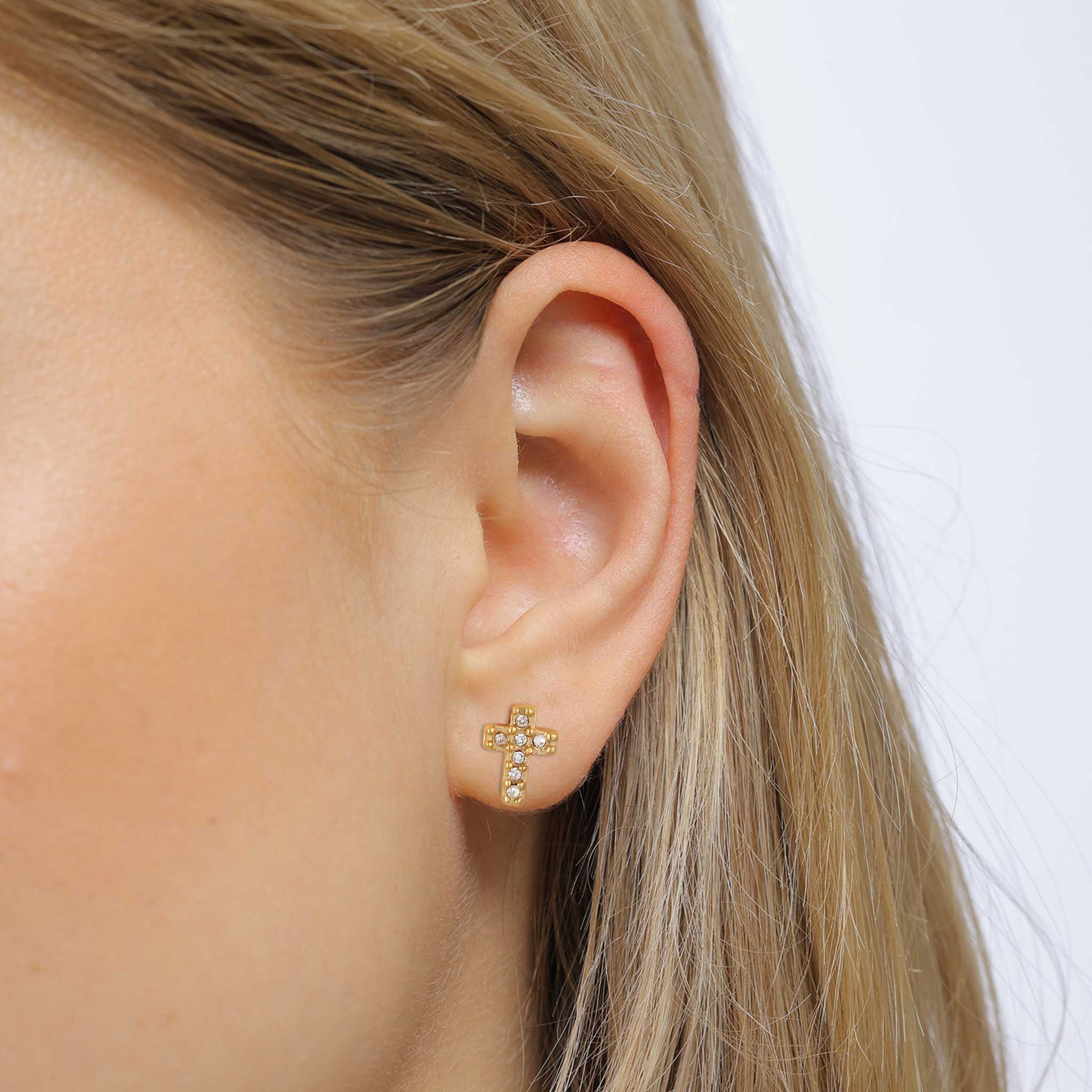 Gold Anting Perhiasan Perak 925 Wanita Stud Cross White Crystals