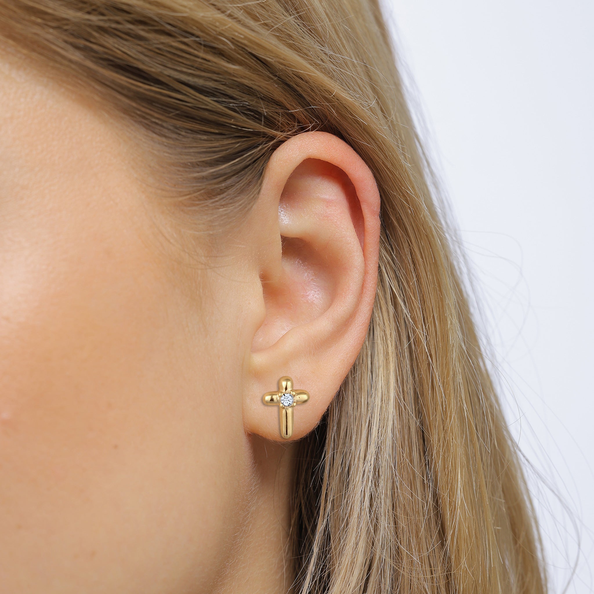 Gold Anting Perhiasan Perak 925 Wanita Stud Cross White Crystals Gold Plated