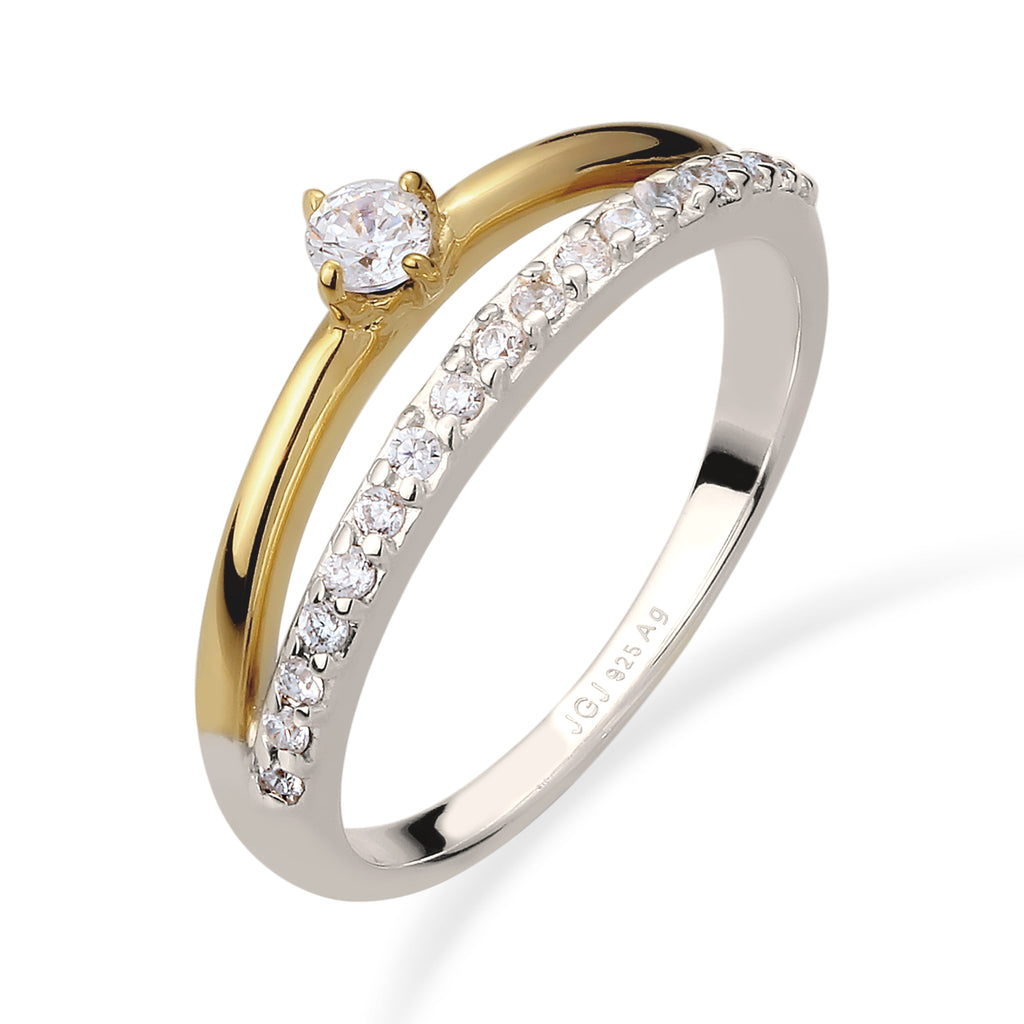 Ring Bicolor Stones Zirconia Crystals 925 Sterling Silver Gold Plated