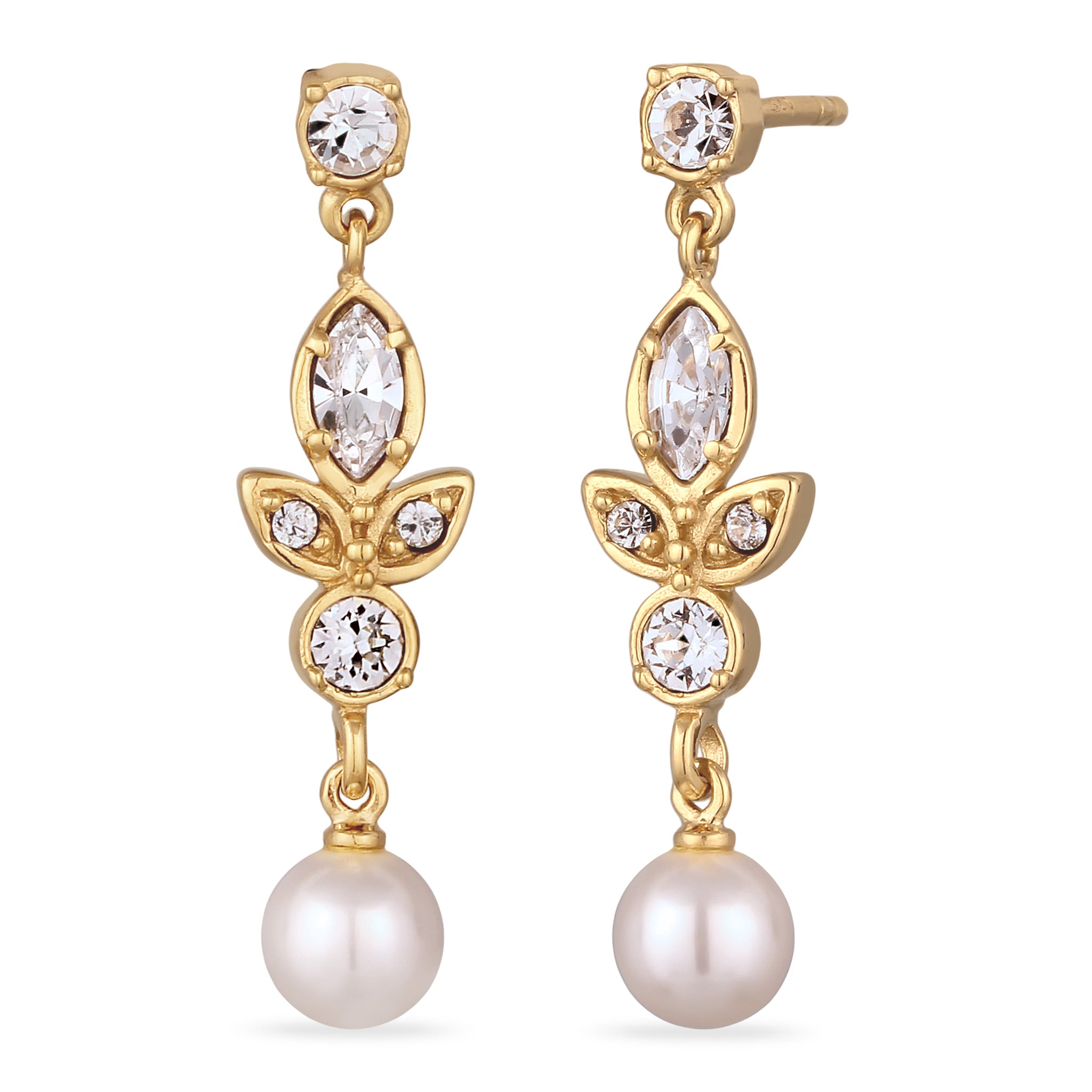 Gold Anting Perhiasan Perak 925 Wanita Stud with Pearl and Crystals Gold Plated