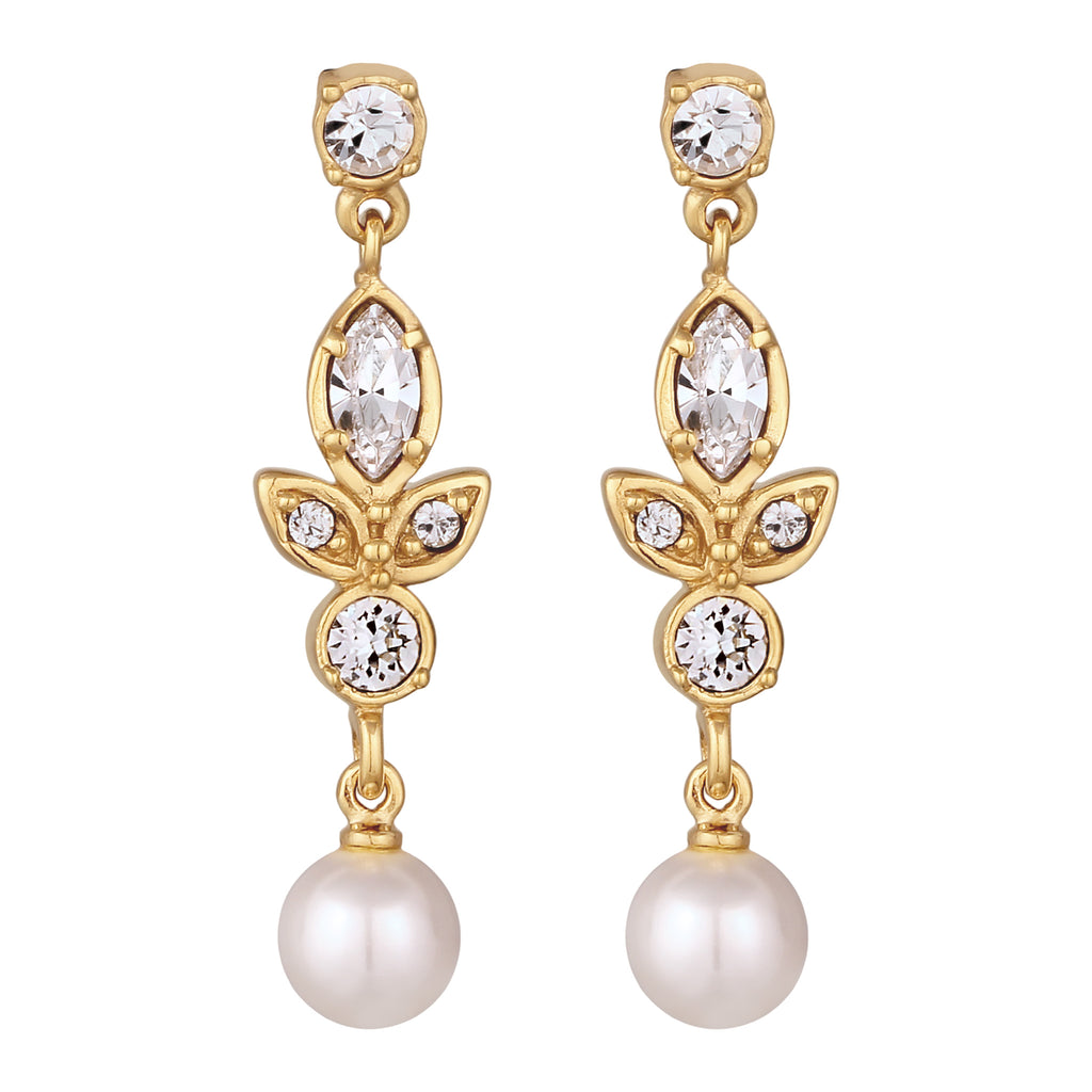 Gold Anting Perhiasan Perak 925 Wanita Stud with Pearl and Crystals Gold Plated