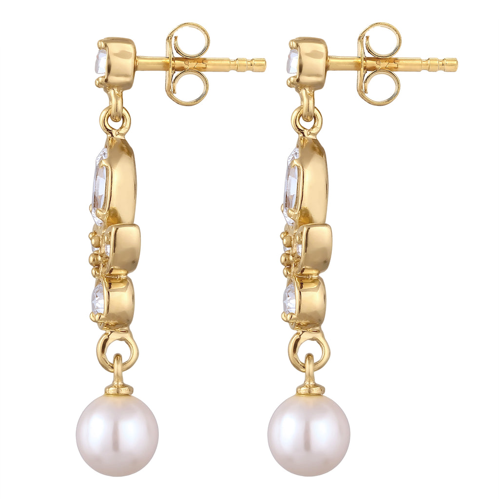 Gold Anting Perhiasan Perak 925 Wanita Stud with Pearl and Crystals Gold Plated