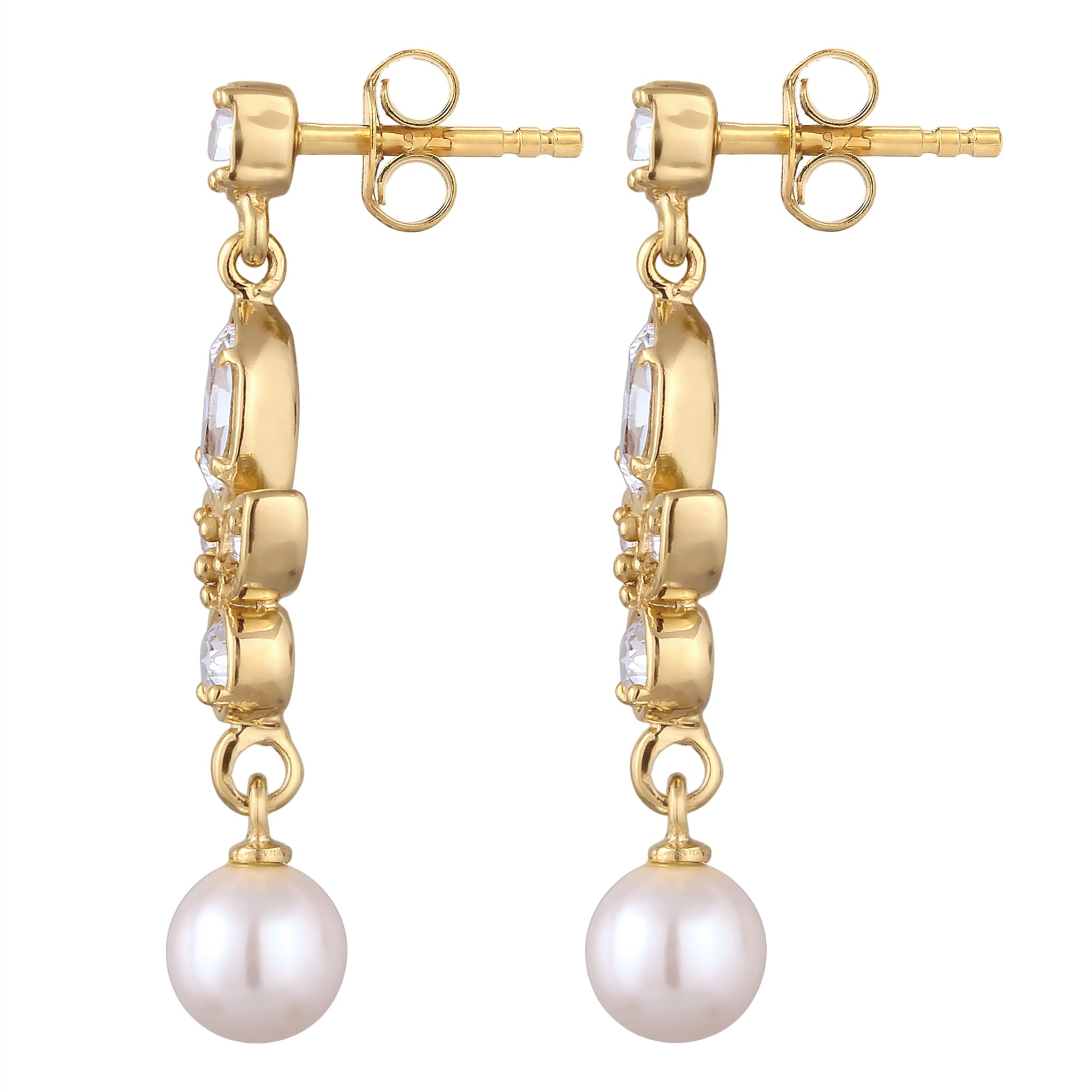 Gold Anting Perhiasan Perak 925 Wanita Stud with Pearl and Crystals Gold Plated
