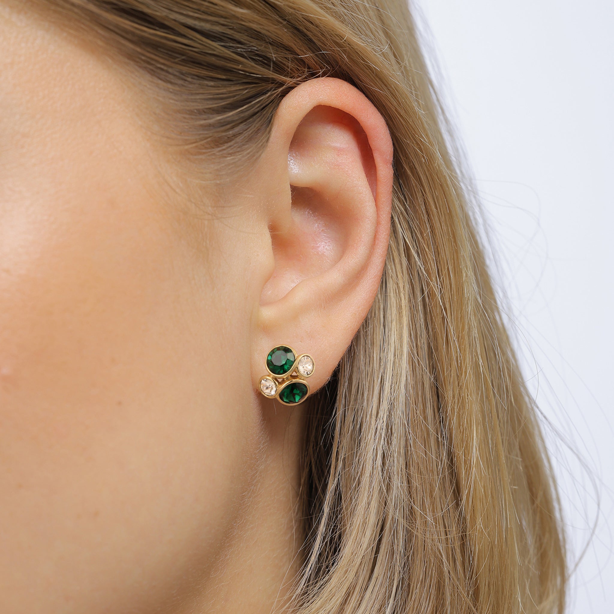 Gold Anting Perhiasan Perak 925 Wanita Stud with Green and White Crystals Gold Plated