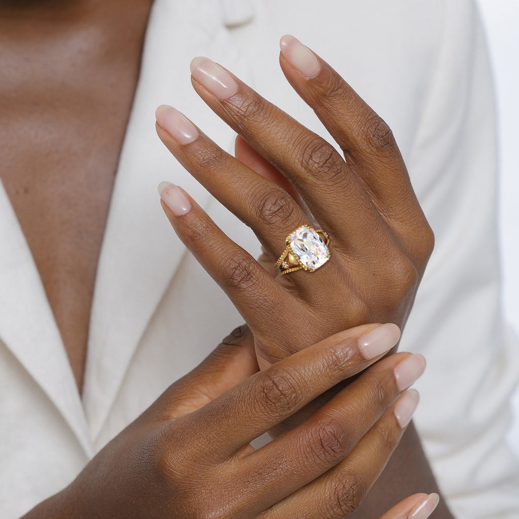 Vintage Statement Ring 925 Silver Gold Plated White Zirconia