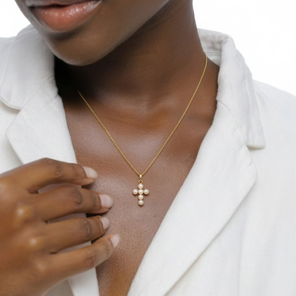 Gold Kalung Perhiasan Perak 925 Wanita Cross White Pearl Gold Plated