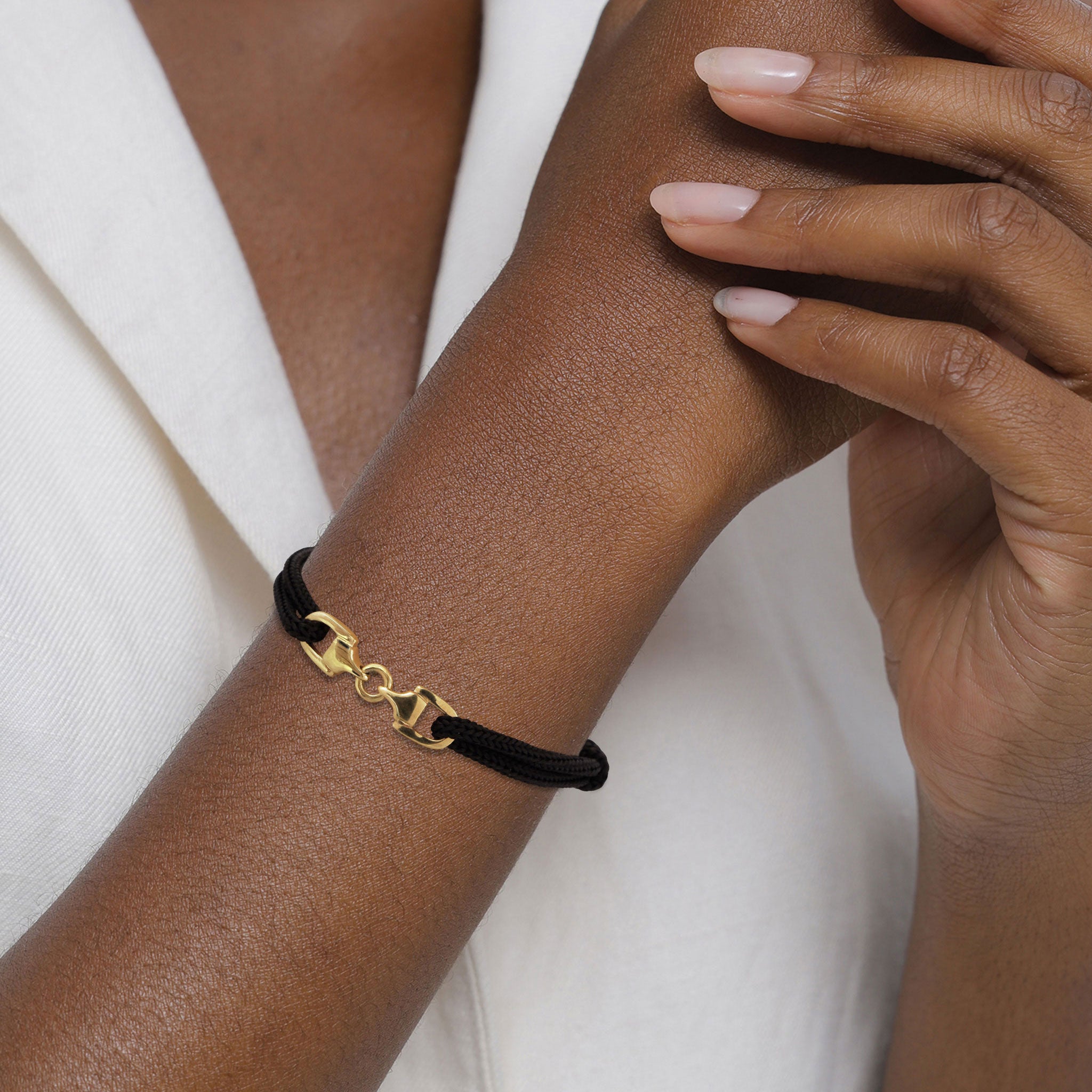 Gold Gelang Perhiasan Perak 925 Wanita Nylon Black Stirrup Gold Plated