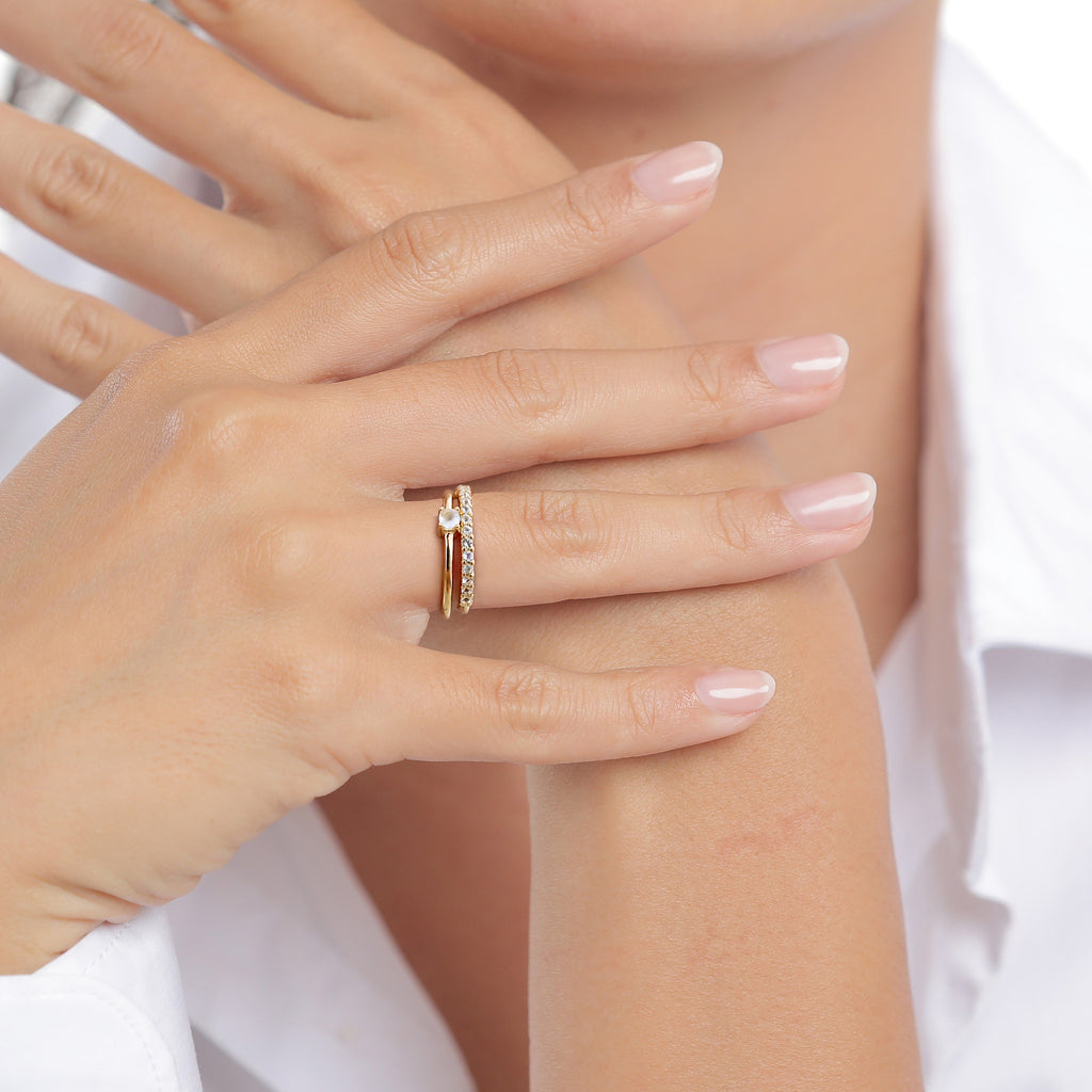 Gold Cincin Perhiasan Perak 925 Wanita Moonstone Rainbow Gold Plated