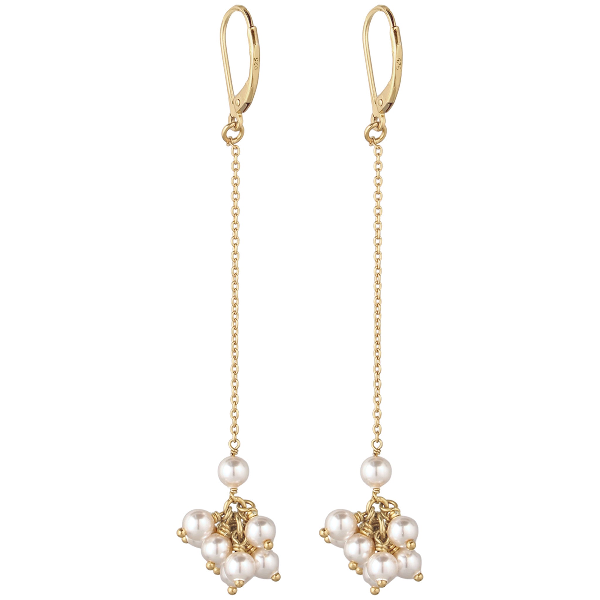 Gold Anting Perhiasan Perak 925 Wanita Long Drop Gold Plated Embellished with Pearl by Swarovski®