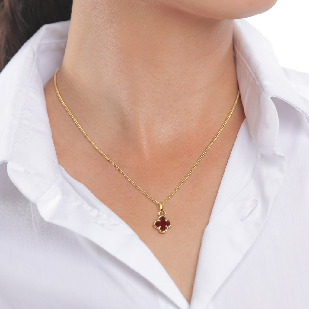 Red Kalung Perhiasan Perak 925 Wanita Cloverleaf Red Pendant Gold Plated