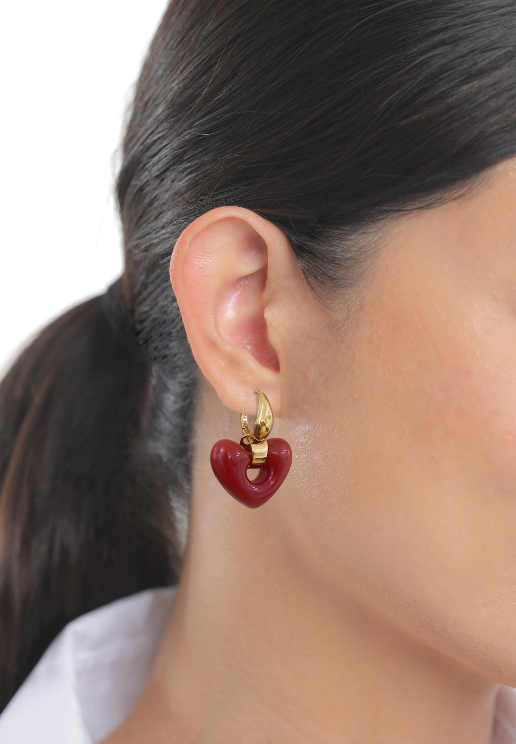 Gold Anting Perhiasan Perak 925 Wanita Heart Creole Dark Red Gold Plated