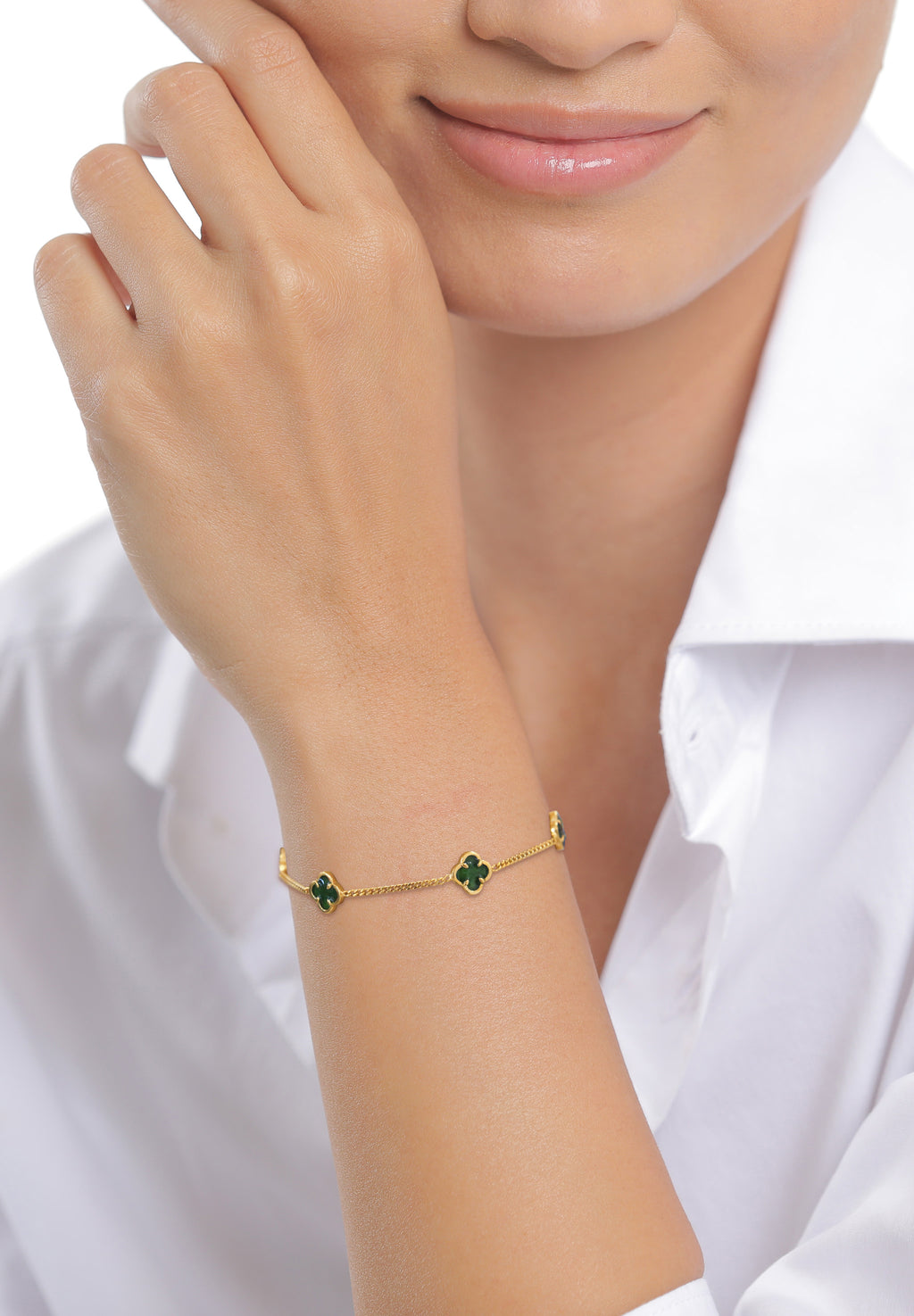 Gold Gelang Perhiasan Perak 925 Wanita Cloverleaf Green Gold Plated
