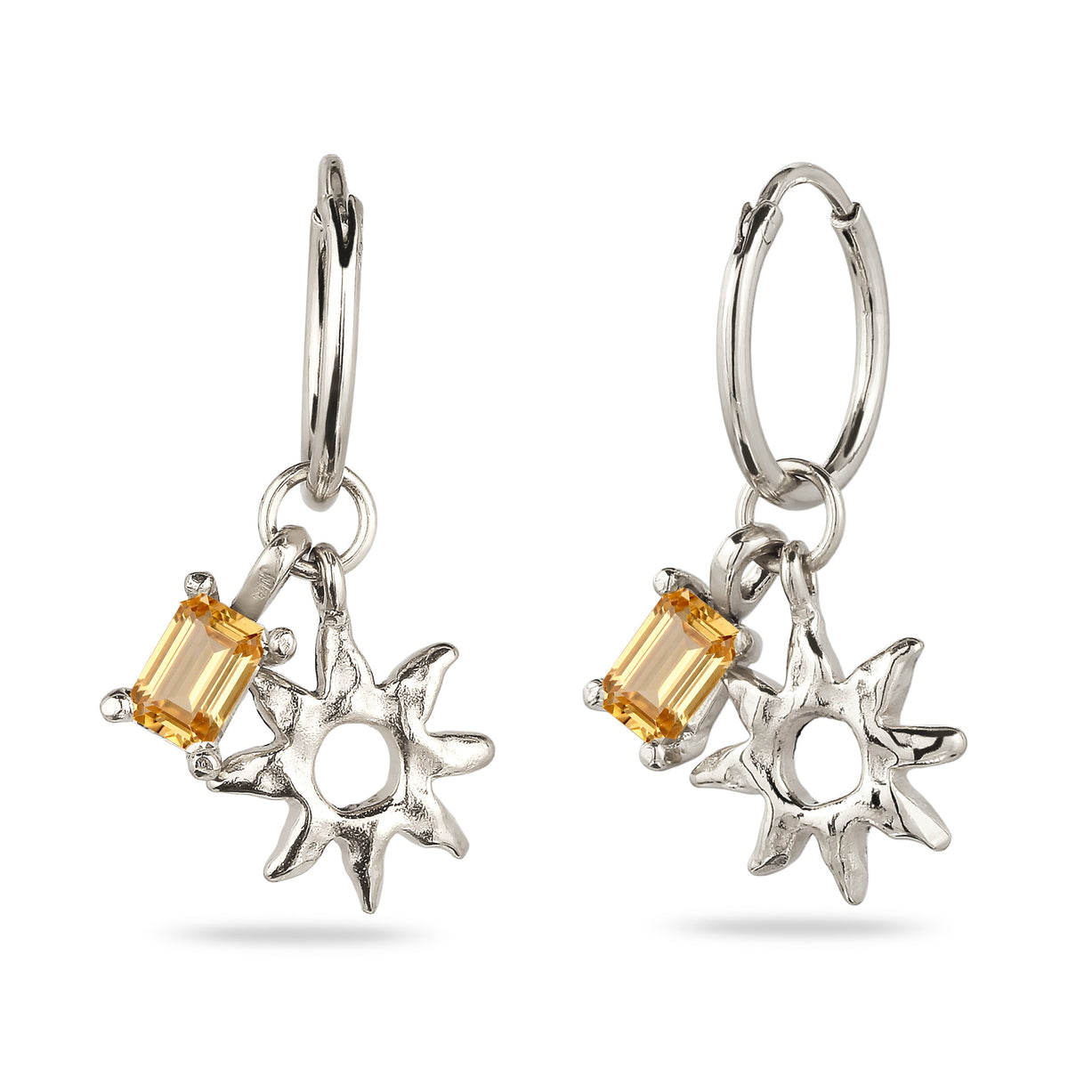 Sunburst Charm Huggie Earrings 925 Silver Citrine