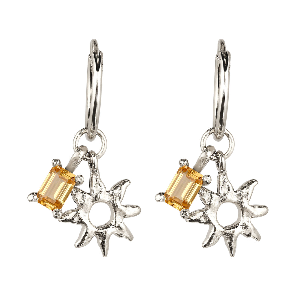 Sunburst Charm Huggie Earrings 925 Silver Citrine