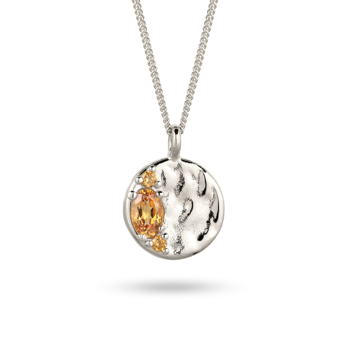 Hammered Coin Pendant Necklace 925 Silver Citrine
