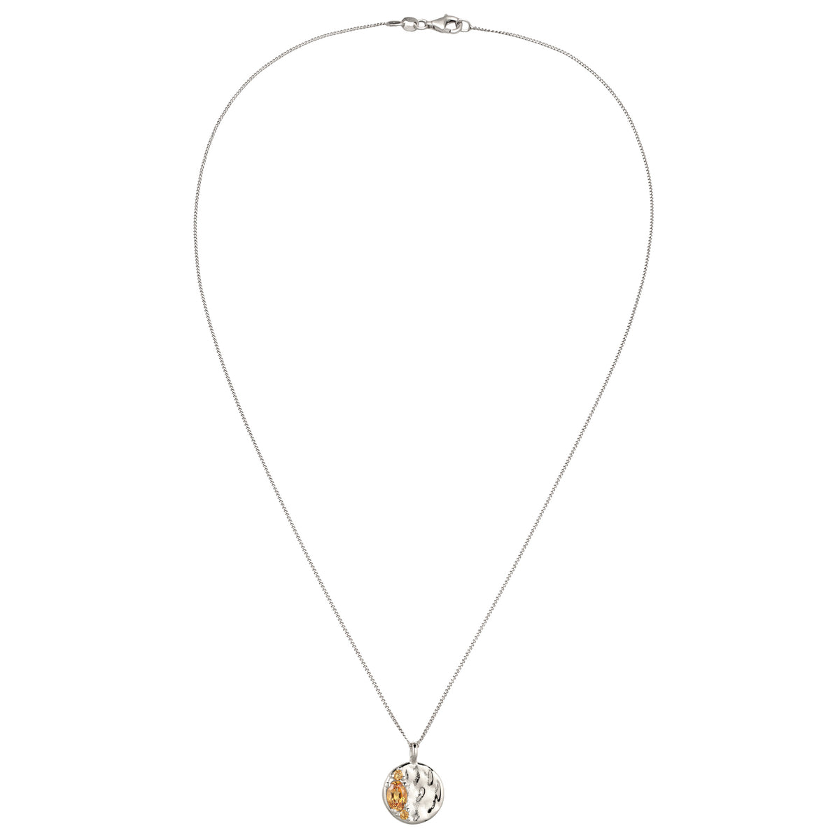 Hammered Coin Pendant Necklace 925 Silver Citrine