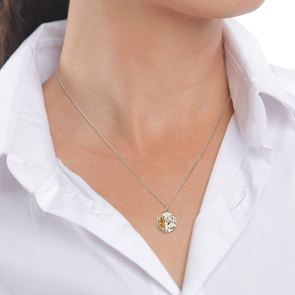 Hammered Coin Pendant Necklace 925 Silver Citrine