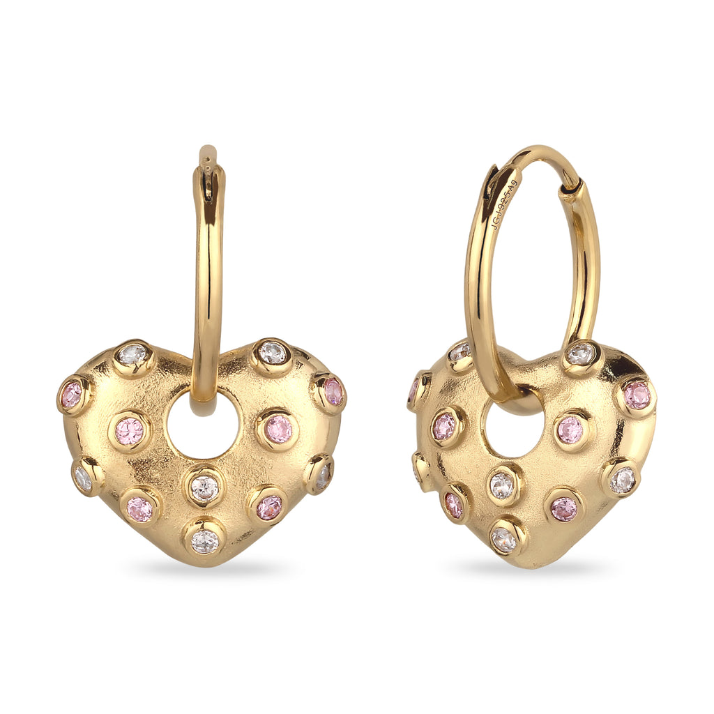 Heart Charm Huggie Earrings 925 Silver Gold Plated Pink White Zirconia