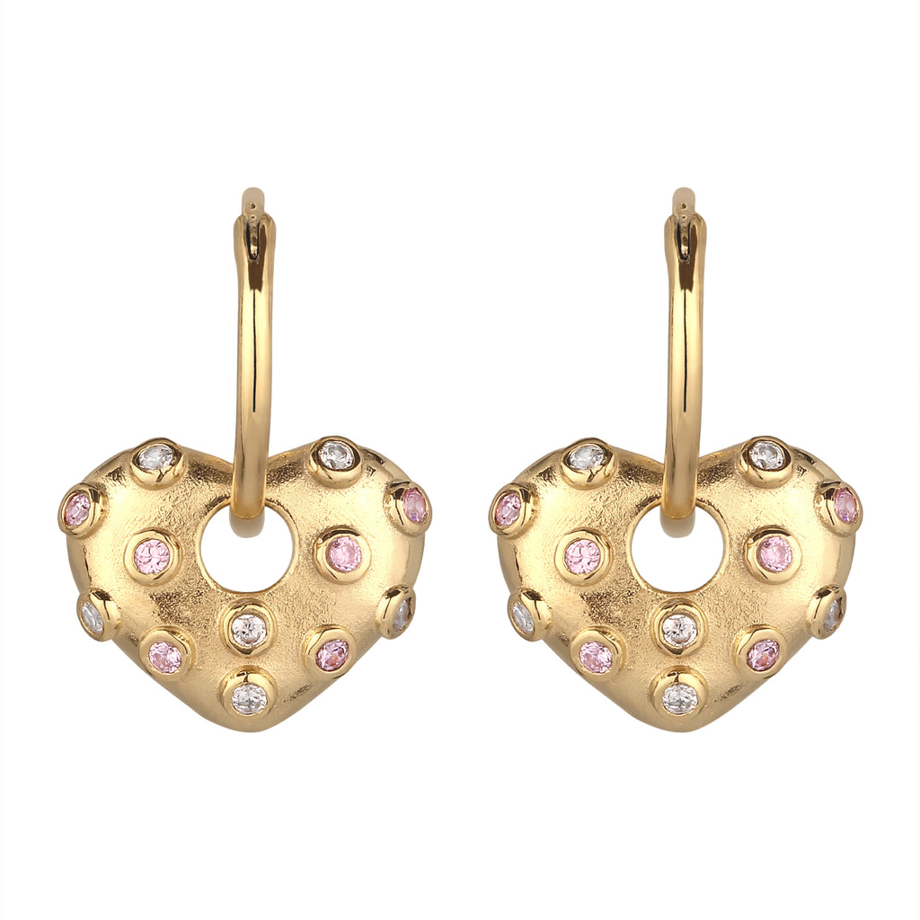 Heart Charm Huggie Earrings 925 Silver Gold Plated Pink White Zirconia
