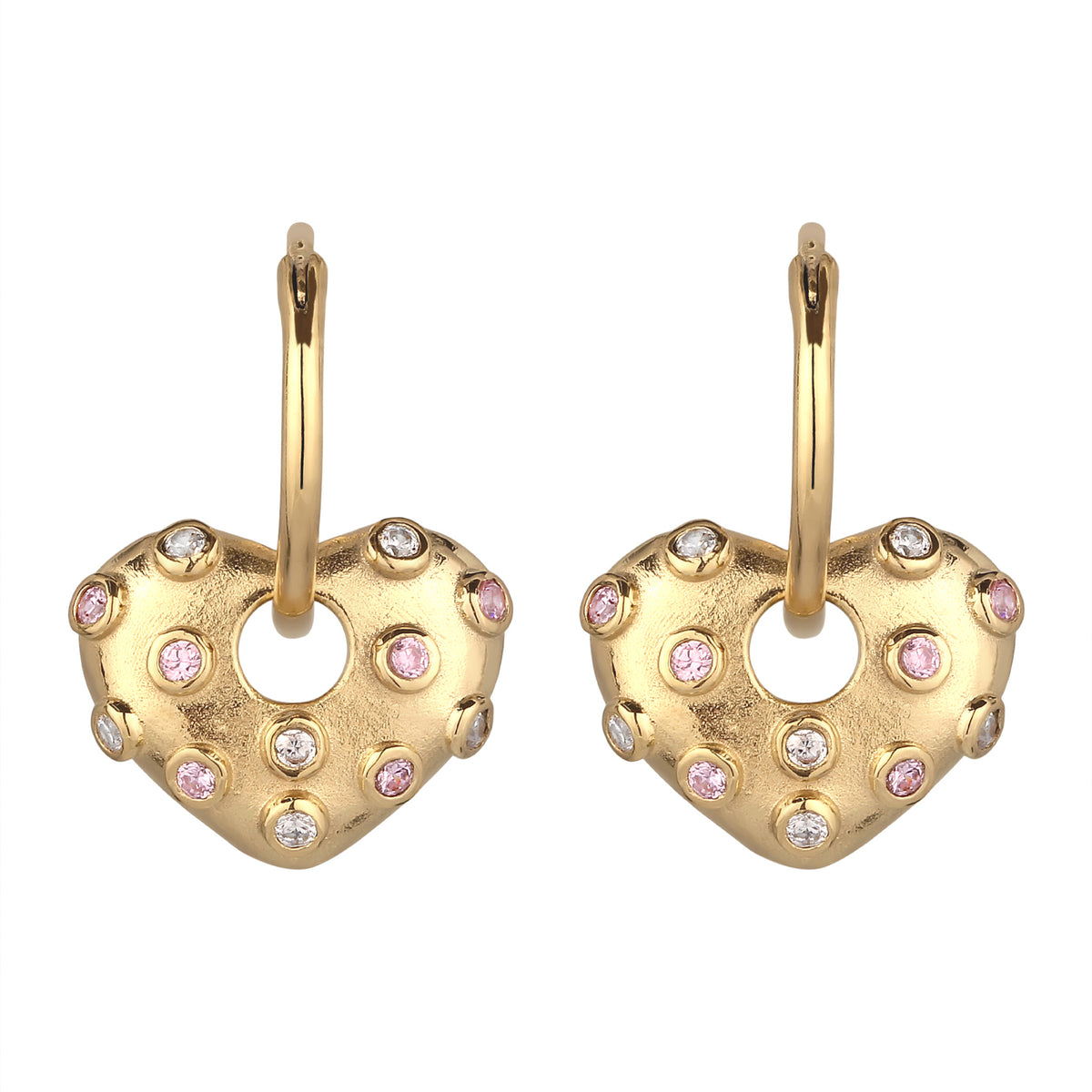 Heart Charm Huggie Earrings 925 Silver Gold Plated Pink White Zirconia