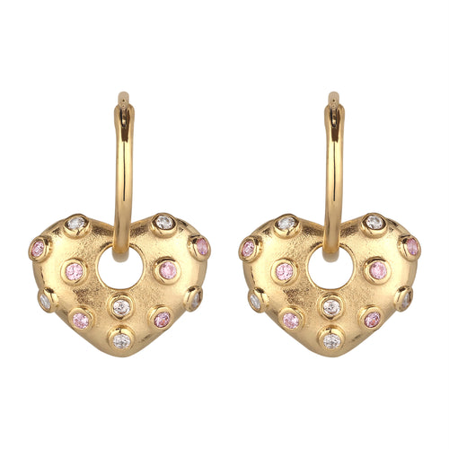 Heart Charm Huggie Earrings 925 Silver Gold Plated Pink White Zirconia