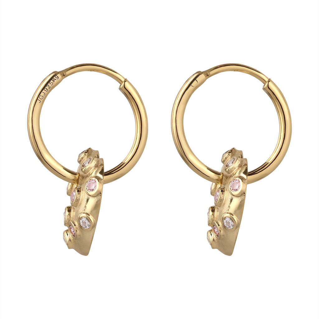 Heart Charm Huggie Earrings 925 Silver Gold Plated Pink White Zirconia