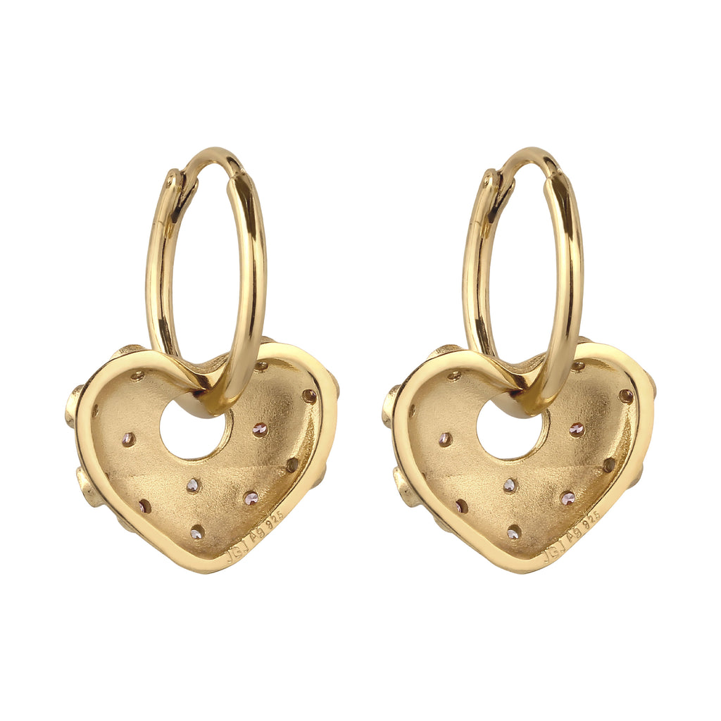 Heart Charm Huggie Earrings 925 Silver Gold Plated Pink White Zirconia