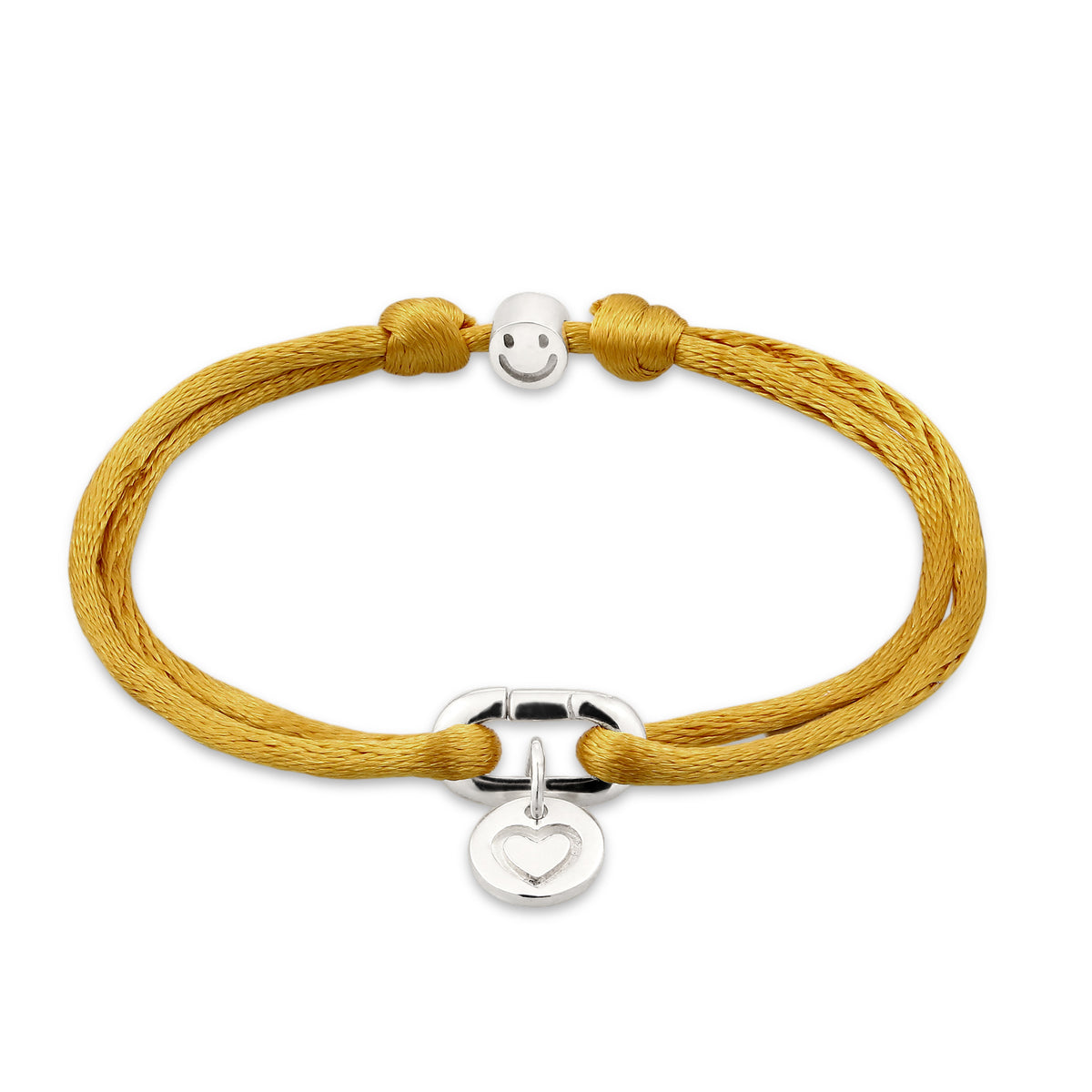 Heart Charm Satin Cord Bracelet 925 Silver Yellow