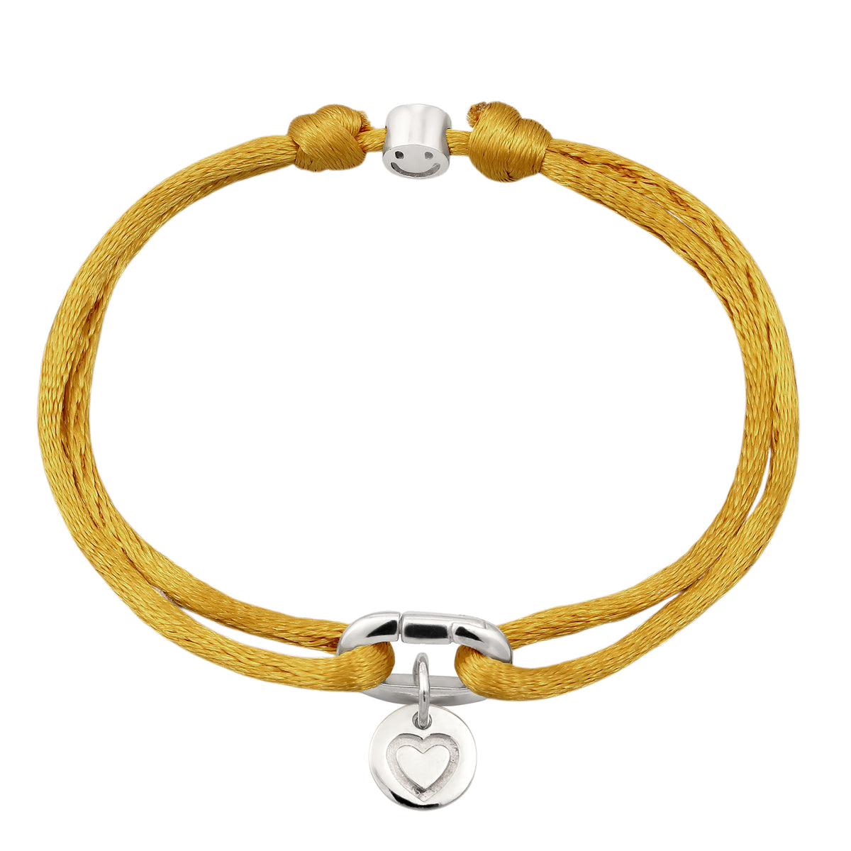 Heart Charm Satin Cord Bracelet 925 Silver Yellow