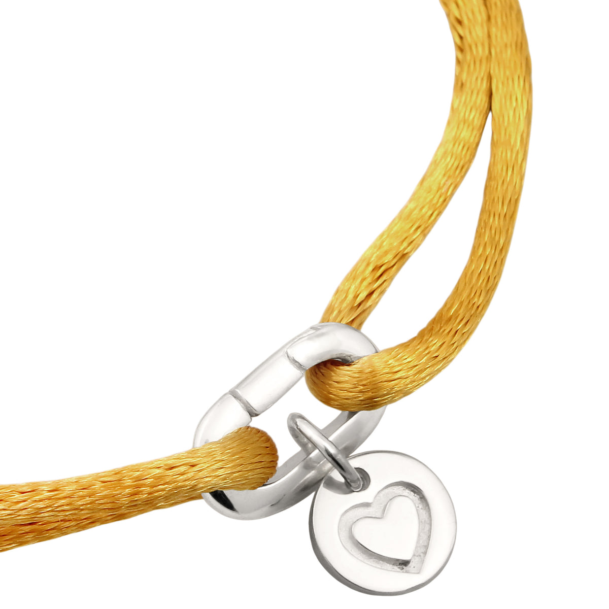 Heart Charm Satin Cord Bracelet 925 Silver Yellow