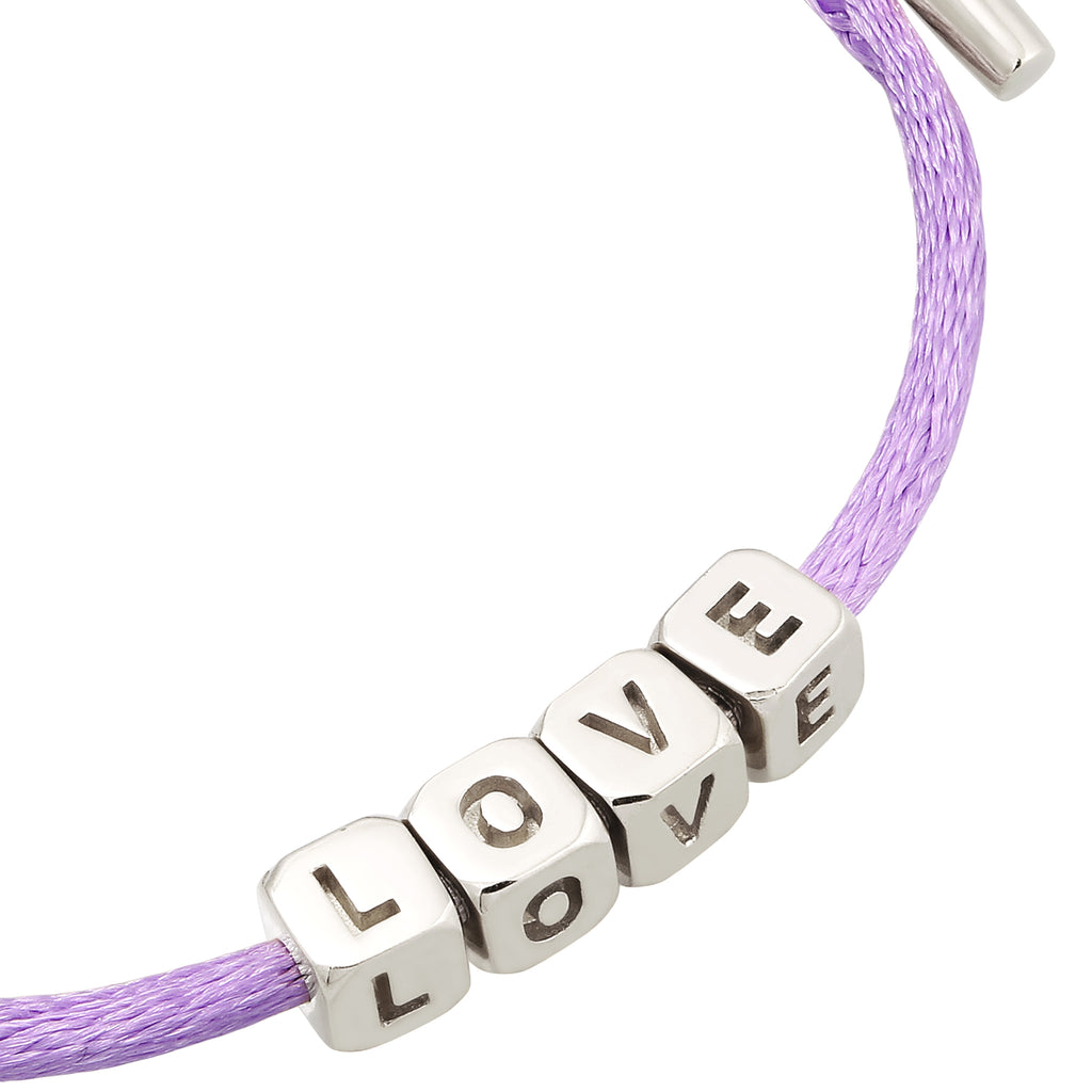 LOVE Cube Slider Bracelet 925 Silver Lilac Satin Cord