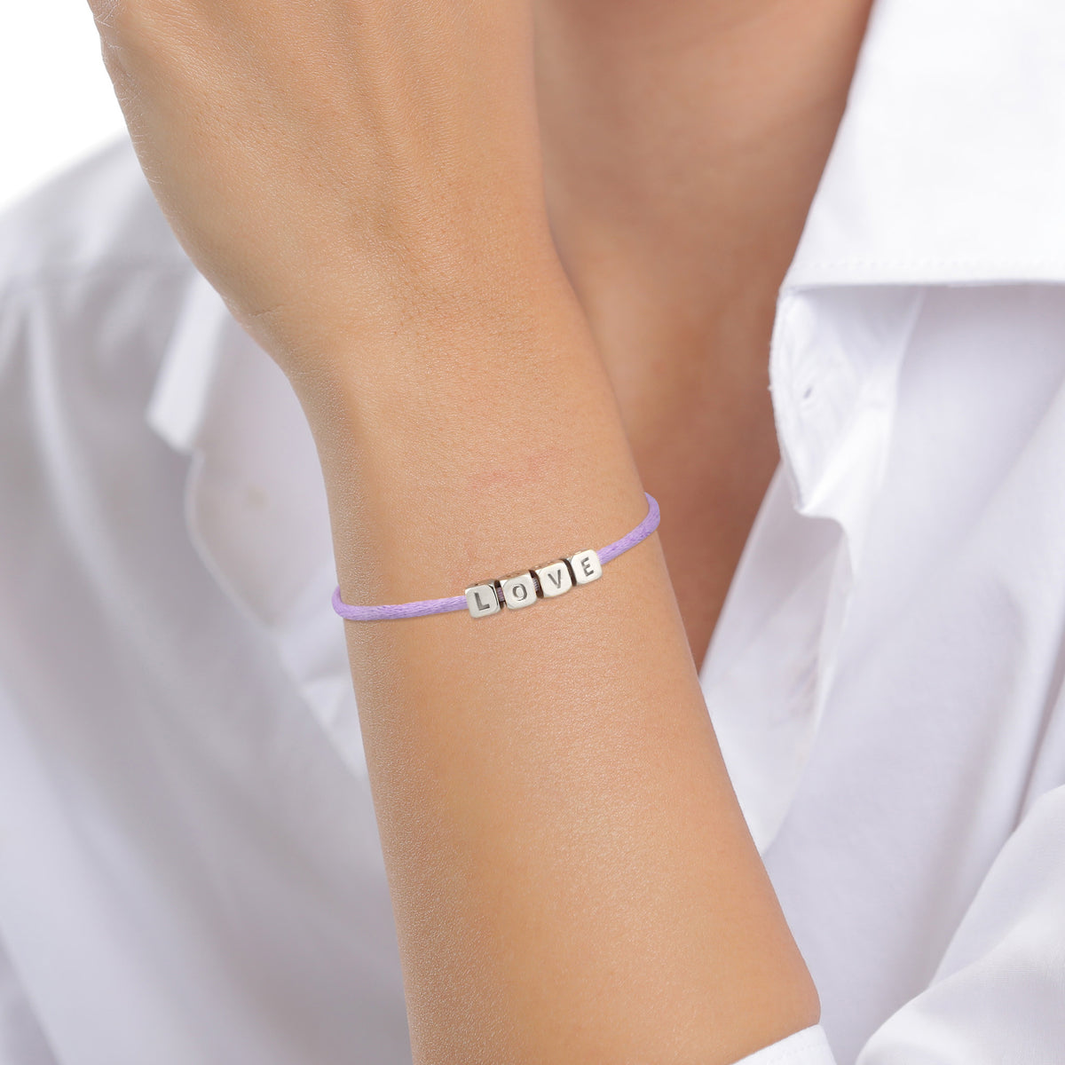 LOVE Cube Slider Bracelet 925 Silver Lilac Satin Cord