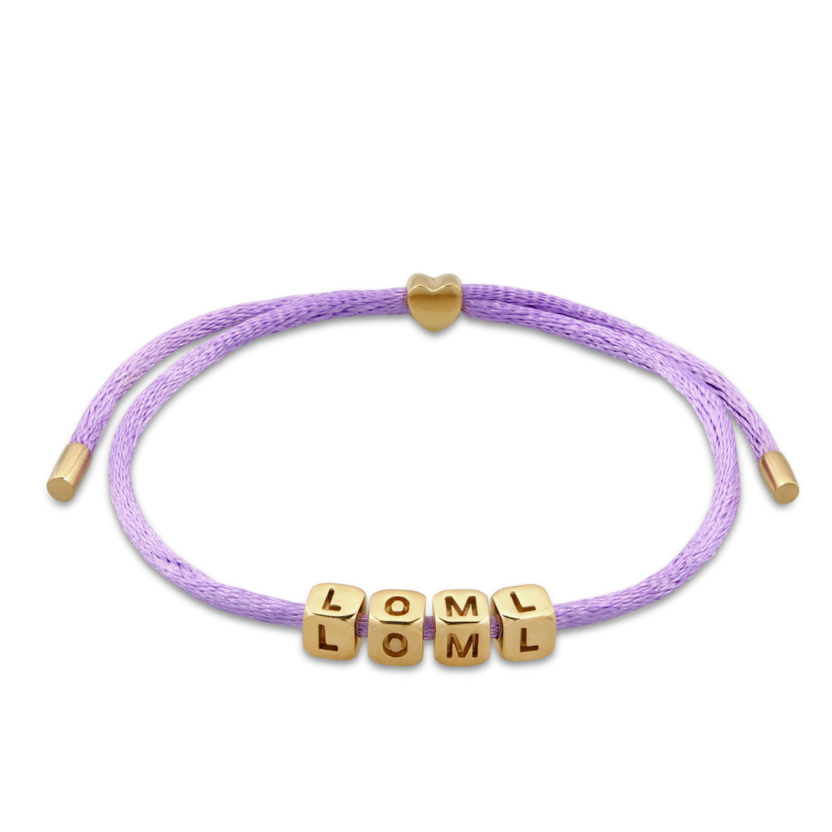 LOML Cube Slider Bracelet 925 Silver Gold Plated Lilac Satin Cord