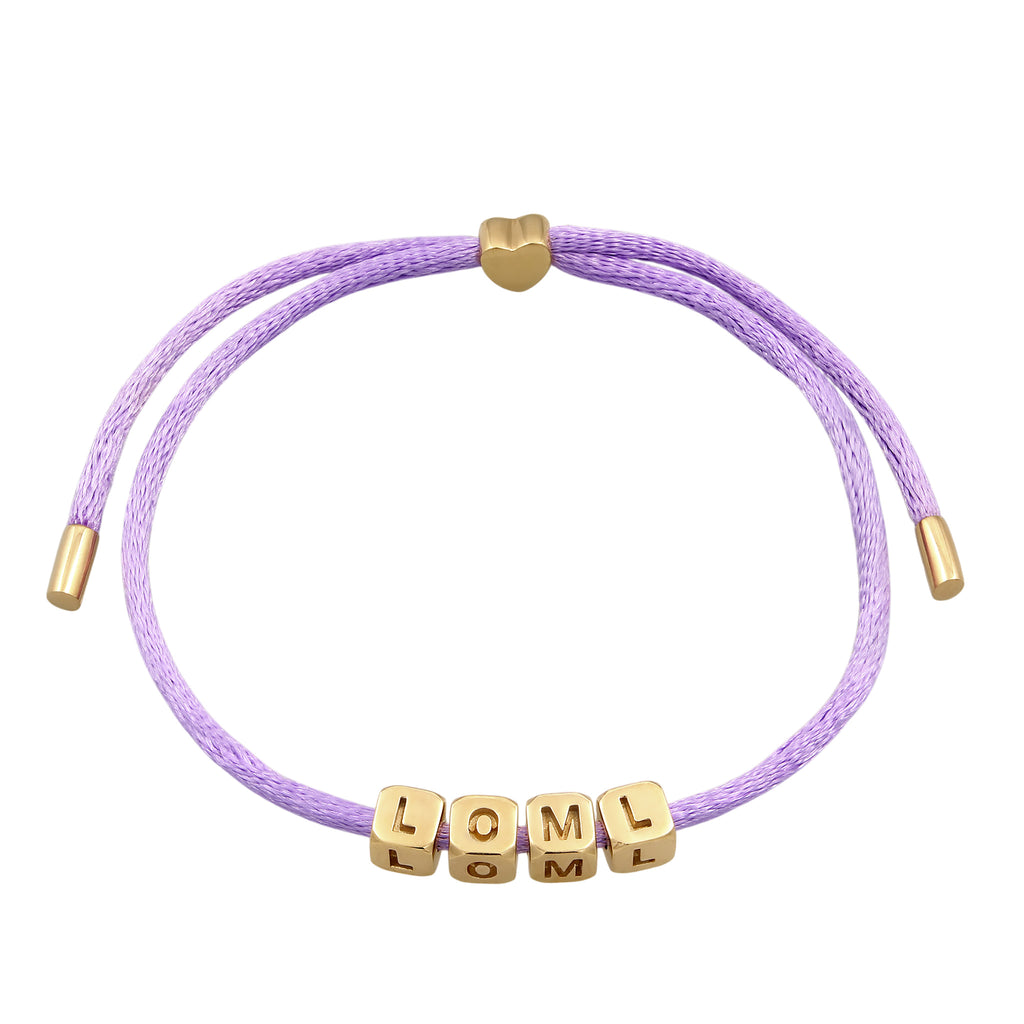 LOML Cube Slider Bracelet 925 Silver Gold Plated Lilac Satin Cord
