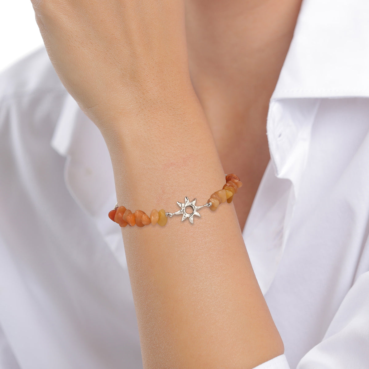 Sunburst Beaded Bracelet 925 Silver Orange Aventurine