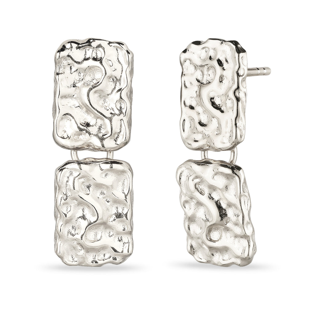 Hammered Rectangle Drop Stud Earrings 925 Silver