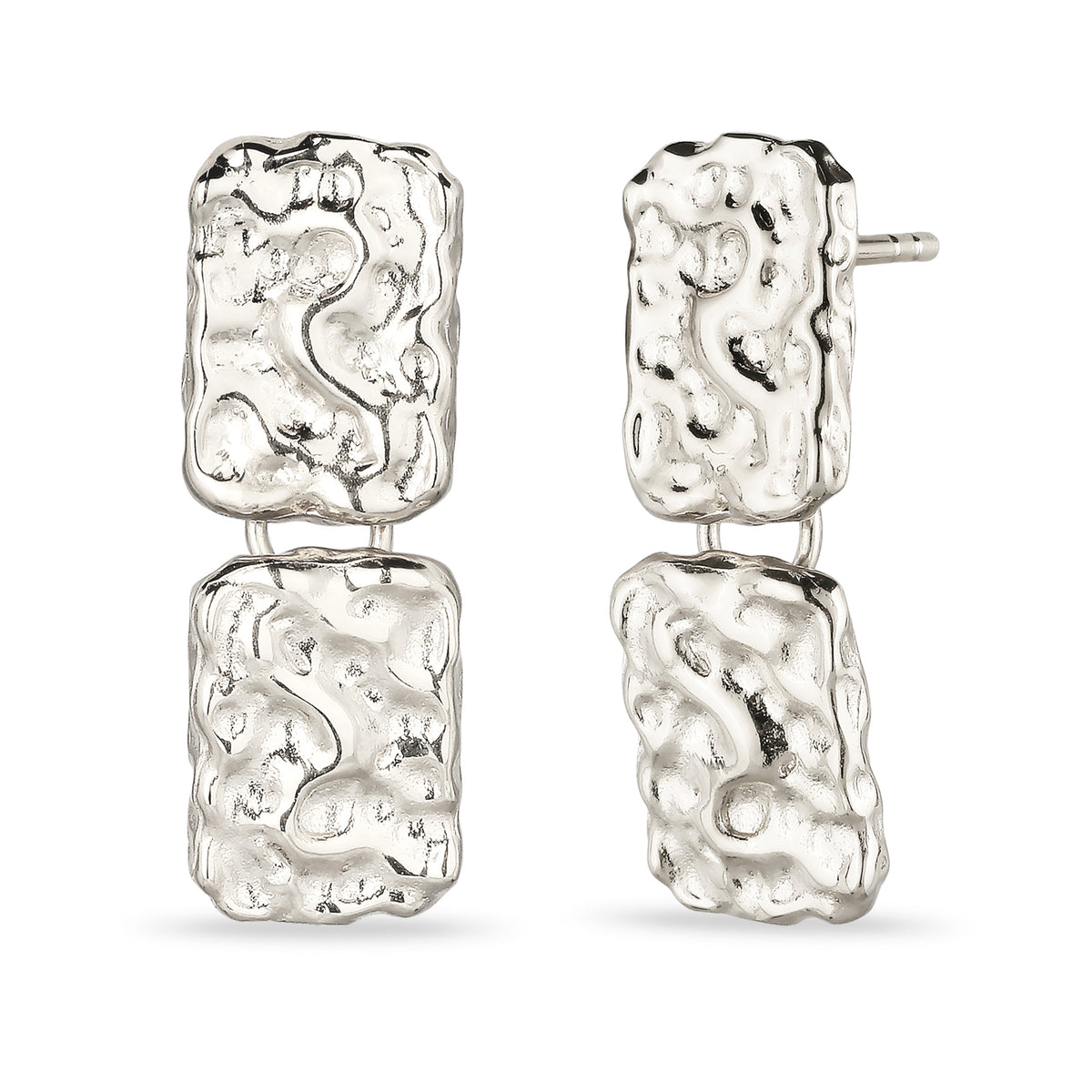 Hammered Rectangle Drop Stud Earrings 925 Silver