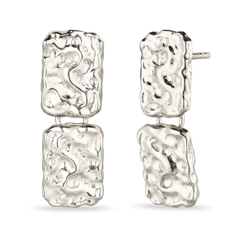 Hammered Rectangle Drop Stud Earrings 925 Silver