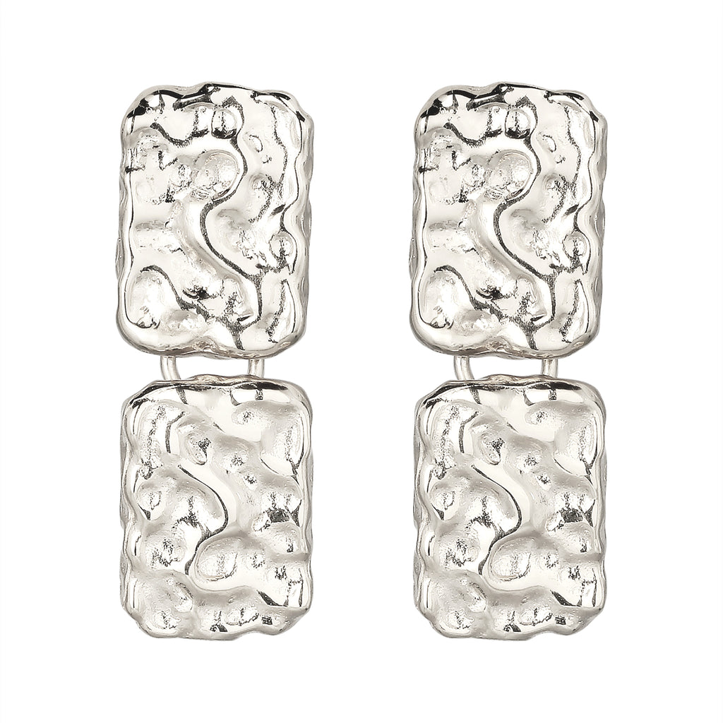 Hammered Rectangle Drop Stud Earrings 925 Silver