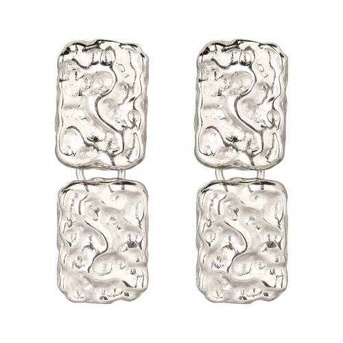 Hammered Rectangle Drop Stud Earrings 925 Silver