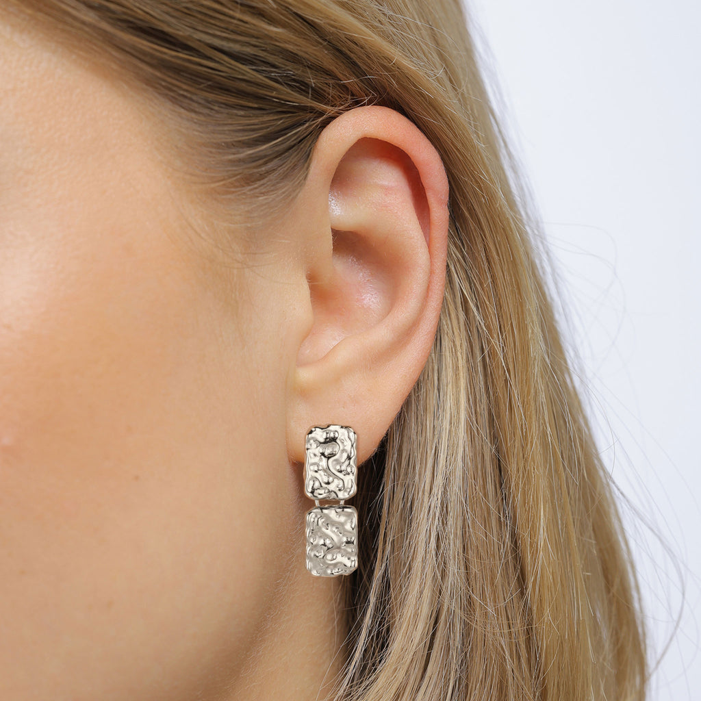 Hammered Rectangle Drop Stud Earrings 925 Silver